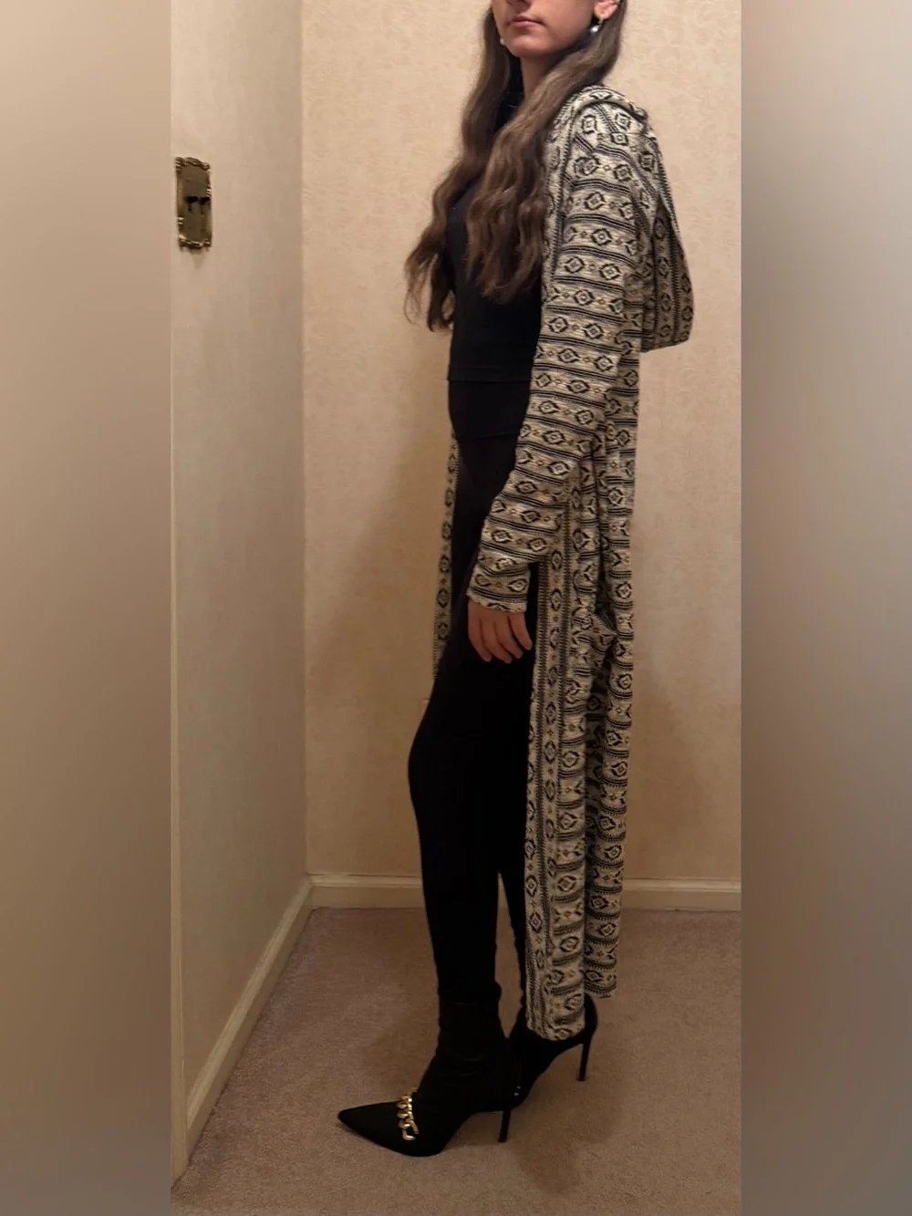 Boho Aztec Geometric Print Long Hooded Cardigan Duster - Made in Turkey-Size S